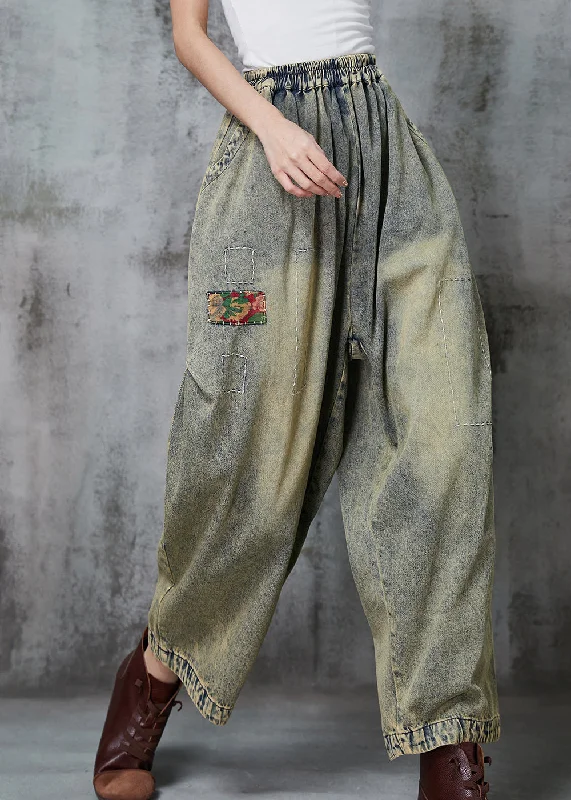 Loose Blue Elastic Waist Patchwork Applique Denim Pants Spring