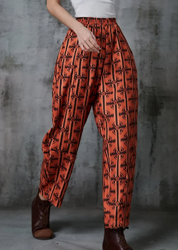 Plus Size Orange Oversized Print Cotton Pants Summer