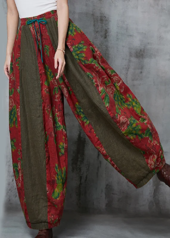 Vintage Red Oversized Patchwork Print Linen Harem Pants Spring